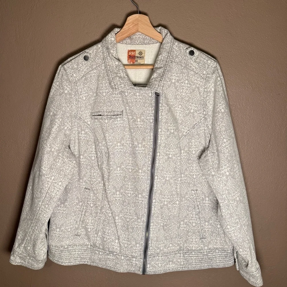 Ruff Hewn Gray & White Cotton Denim Moto Jacket Women's Plus Size 2X Streetwear - Picture 2 of 15